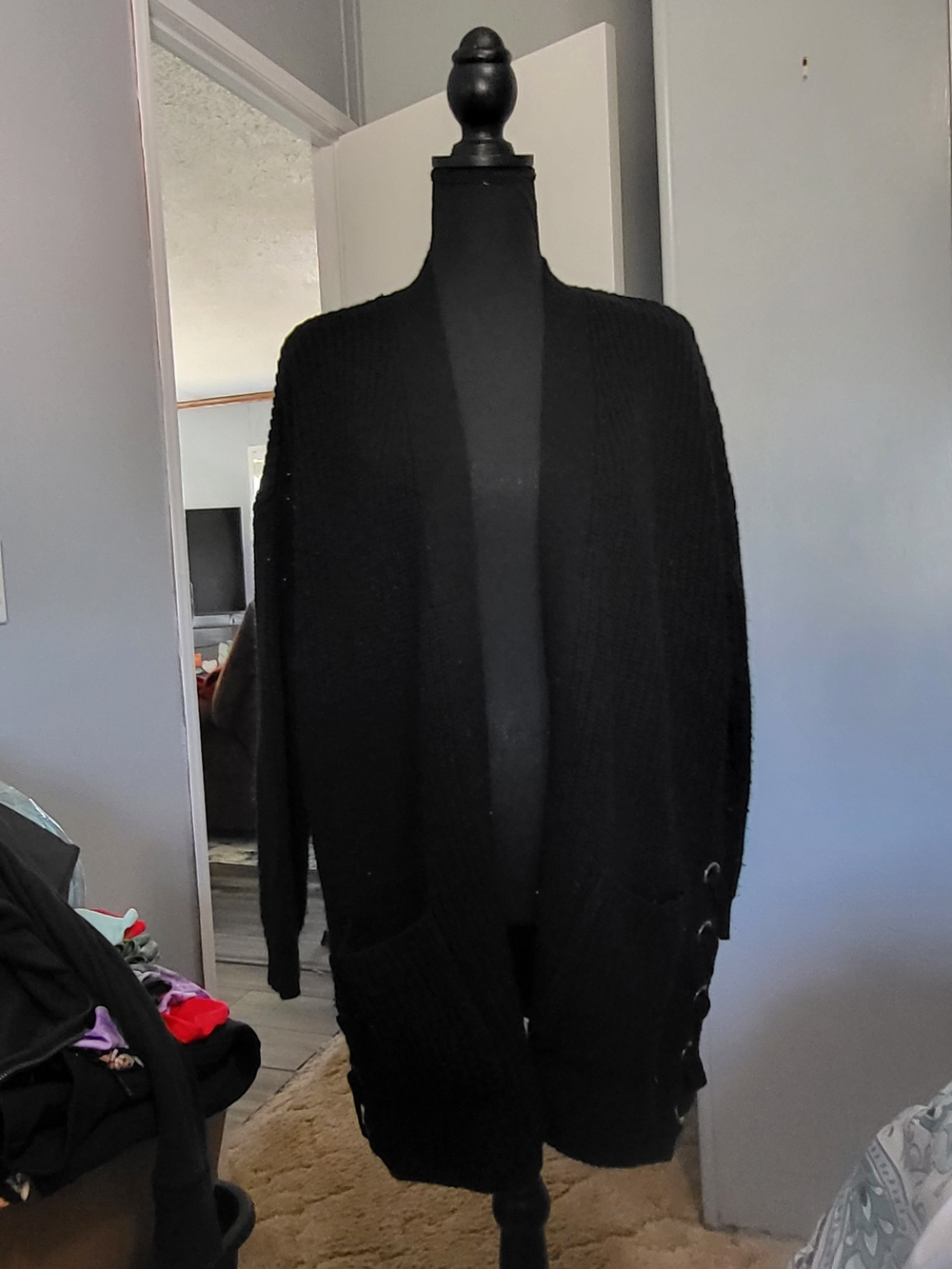 Black Open Front Knit Cardigan with Pocket Detail